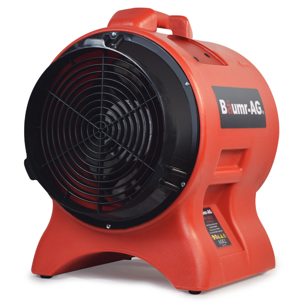 The image shows a Baumr-AG 300mm (12 inch) Portable Air Blower Mover Axial Ventilation Extraction Fan in a sturdy red plastic casing. This industrial fan features a black protective grille on the front and a handle on top for easy portability. The brand name "Baumr-AG" is prominently displayed on the side, emphasizing its role in air quality improvement.