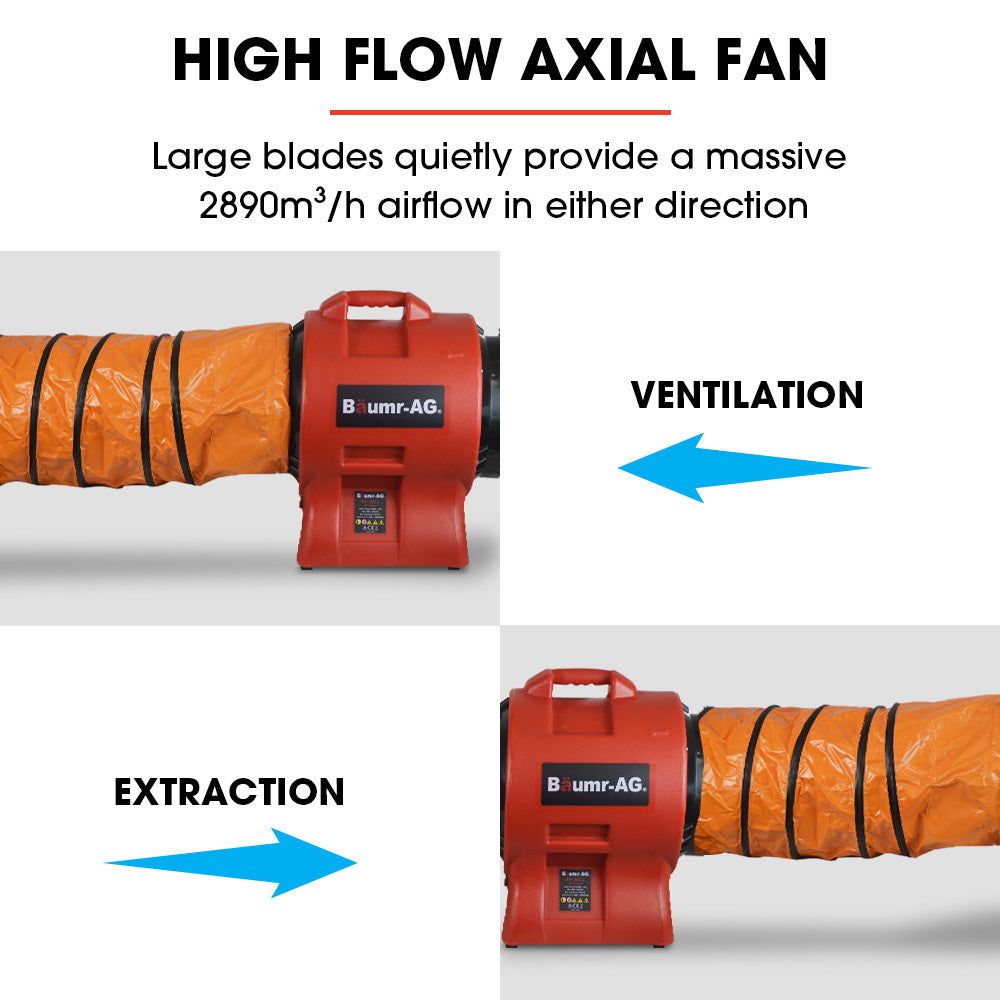 The image shows a Baumr-AG 300mm (12 inch) Portable Air Blower Mover Axial Ventilation Extraction Fan in a sturdy red plastic casing. This industrial fan features a black protective grille on the front and a handle on top for easy portability. The brand name "Baumr-AG" is prominently displayed on the side, emphasizing its role in air quality improvement.