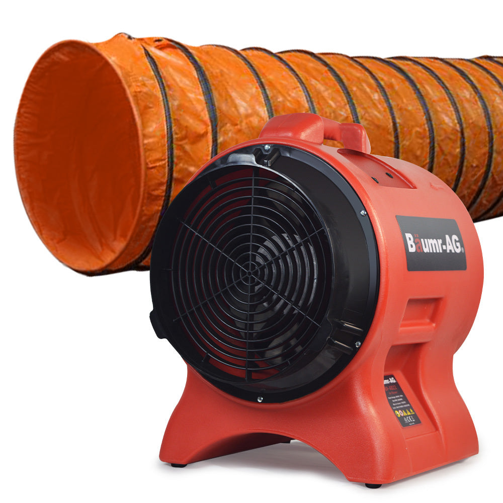 A red Tradie's Mate Baumr-AG 300mm (12 inch) Portable Axial Air Mover Blower Fan with a cylindrical shape and a black front-facing guard. Behind it, an orange and black accordion-style ventilation duct extends outward. This industrial blower fan ensures powerful airflow for effective air circulation, proudly labeled "Baumr-AG" on its side.