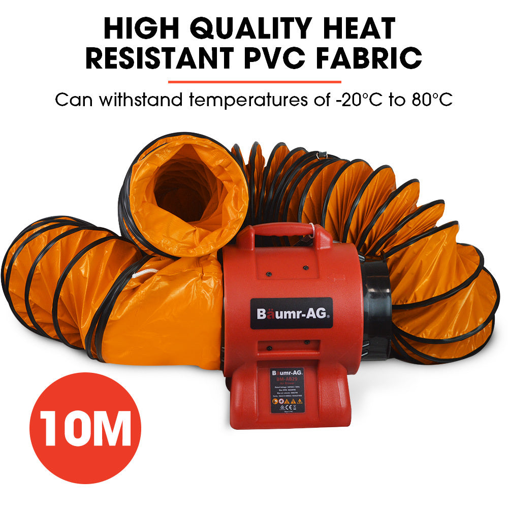 A red Tradie's Mate Baumr-AG 300mm (12 inch) Portable Axial Air Mover Blower Fan with a cylindrical shape and a black front-facing guard. Behind it, an orange and black accordion-style ventilation duct extends outward. This industrial blower fan ensures powerful airflow for effective air circulation, proudly labeled "Baumr-AG" on its side.