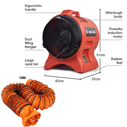 A red Tradie's Mate Baumr-AG 300mm (12 inch) Portable Axial Air Mover Blower Fan with a cylindrical shape and a black front-facing guard. Behind it, an orange and black accordion-style ventilation duct extends outward. This industrial blower fan ensures powerful airflow for effective air circulation, proudly labeled "Baumr-AG" on its side.