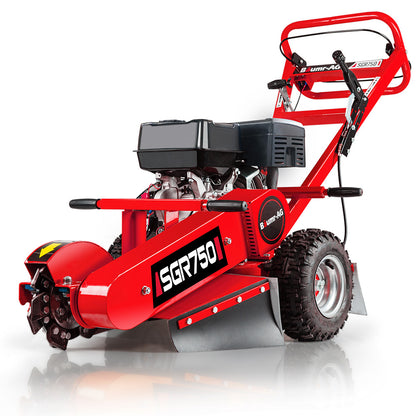 The BAUMR-AG 15HP Commercial Petrol Tree Stump Grinder is a red walk-behind stump grinder with large wheels and a 15HP commercial-grade engine. It features a rotating blade assembly at the front and a handlebar with controls for operation, making it perfect for heavy-duty stump removal.