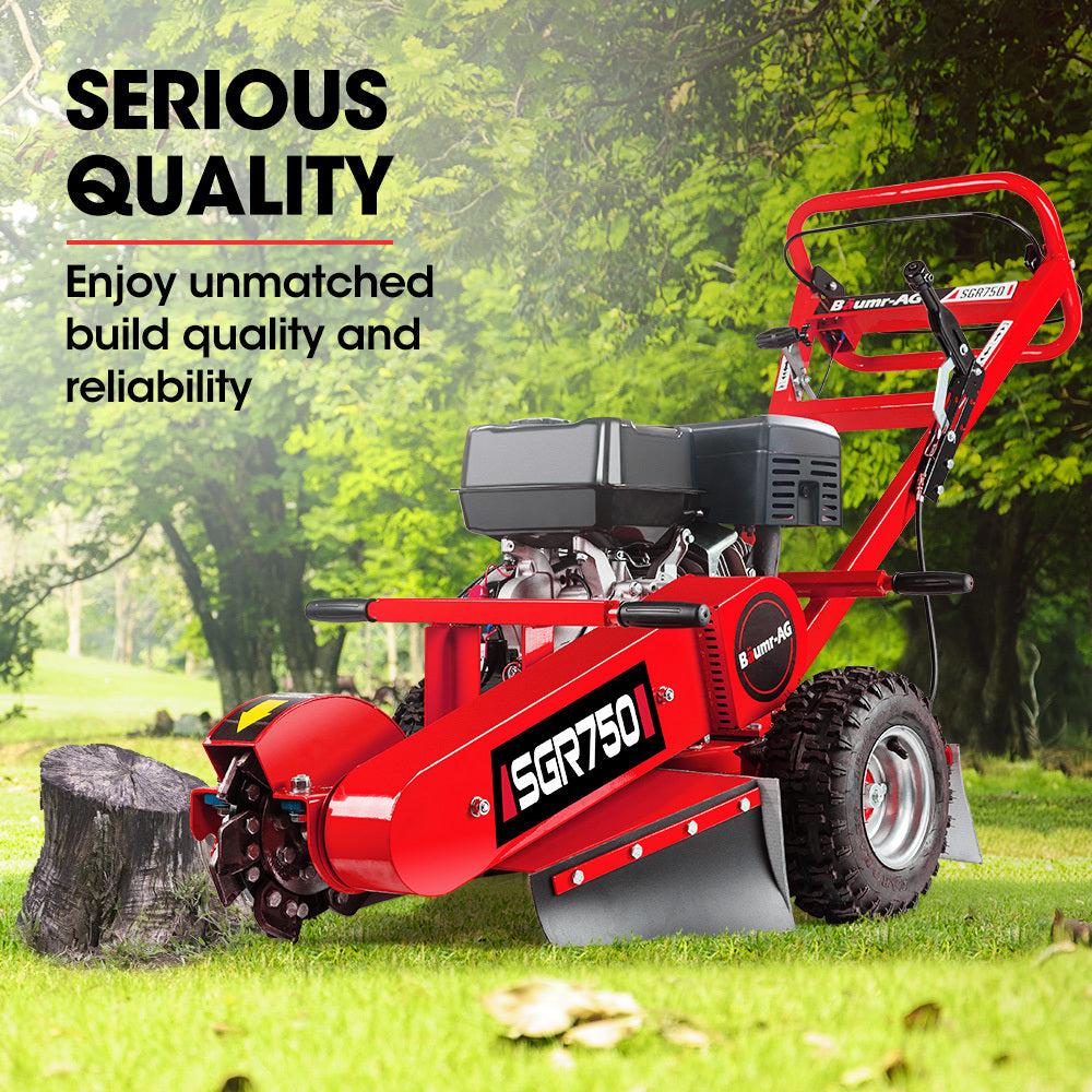 The BAUMR-AG 15HP Commercial Petrol Tree Stump Grinder is a red walk-behind stump grinder with large wheels and a 15HP commercial-grade engine. It features a rotating blade assembly at the front and a handlebar with controls for operation, making it perfect for heavy-duty stump removal.