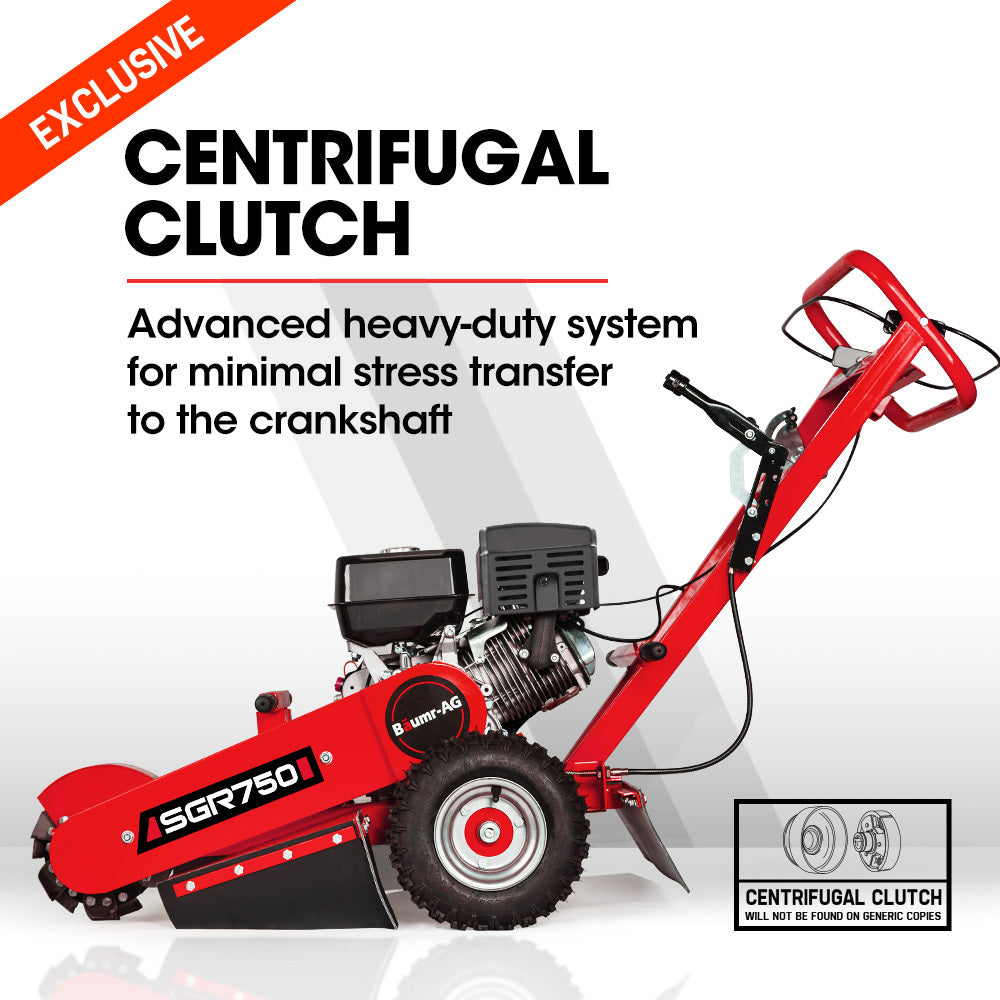 The BAUMR-AG 15HP Commercial Petrol Tree Stump Grinder is a red walk-behind stump grinder with large wheels and a 15HP commercial-grade engine. It features a rotating blade assembly at the front and a handlebar with controls for operation, making it perfect for heavy-duty stump removal.