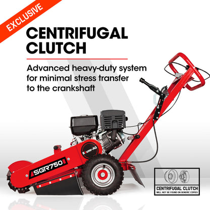 The BAUMR-AG 15HP Commercial Petrol Tree Stump Grinder is a red walk-behind stump grinder with large wheels and a 15HP commercial-grade engine. It features a rotating blade assembly at the front and a handlebar with controls for operation, making it perfect for heavy-duty stump removal.