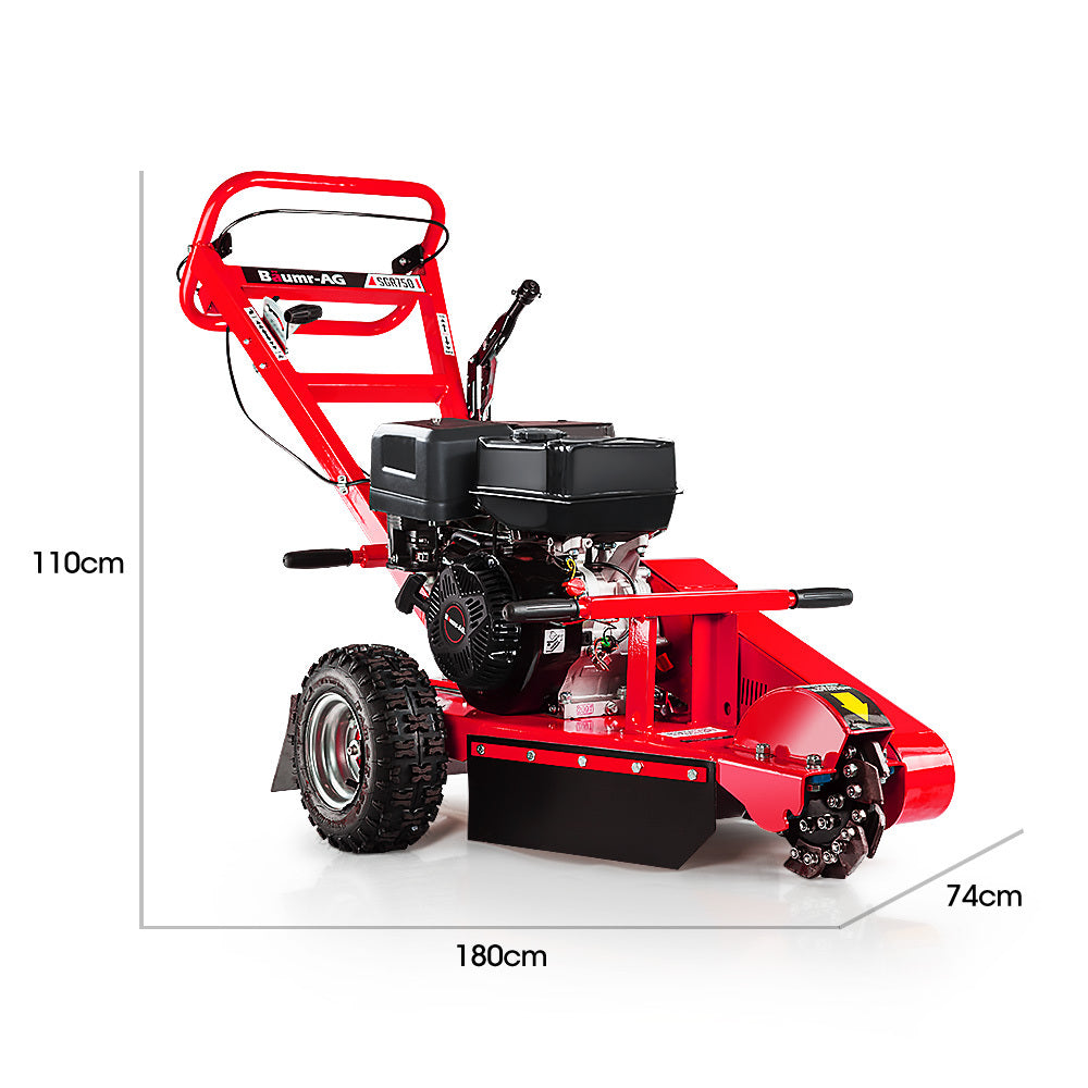 The BAUMR-AG 15HP Commercial Petrol Tree Stump Grinder is a red walk-behind stump grinder with large wheels and a 15HP commercial-grade engine. It features a rotating blade assembly at the front and a handlebar with controls for operation, making it perfect for heavy-duty stump removal.