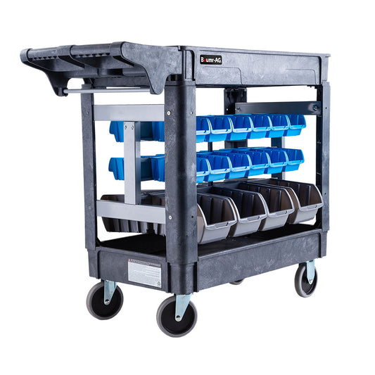 A black Tradie's Mate Baumr-AG Parts Bin Trolley Service Utility Cart Storage Mobile Tool Workshop with a flat top and large wheels is equipped with plastic hooks on the side and multiple blue and brown utility storage bins. The design suggests it’s used for organizing and transporting tools or hardware in a workshop or industrial setting.