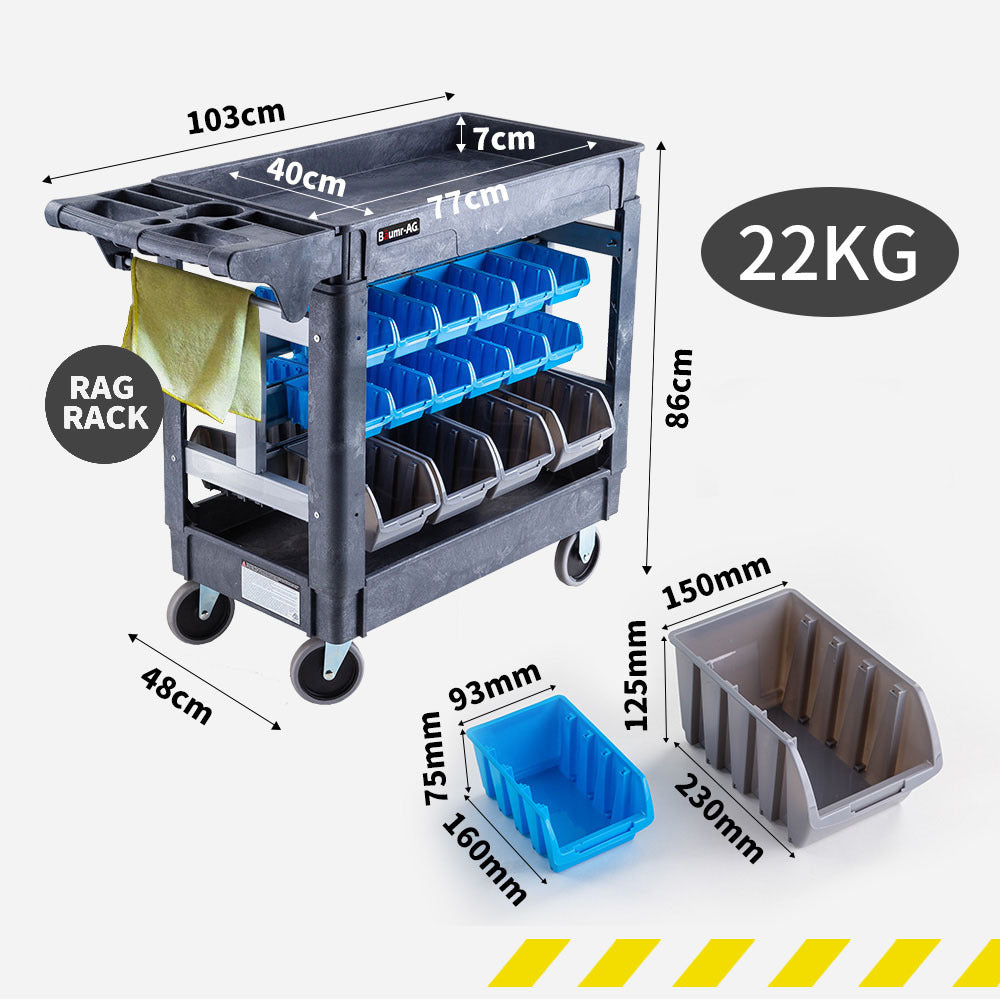 A black Tradie's Mate Baumr-AG Parts Bin Trolley Service Utility Cart Storage Mobile Tool Workshop with a flat top and large wheels is equipped with plastic hooks on the side and multiple blue and brown utility storage bins. The design suggests it’s used for organizing and transporting tools or hardware in a workshop or industrial setting.