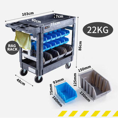 A black Tradie's Mate Baumr-AG Parts Bin Trolley Service Utility Cart Storage Mobile Tool Workshop with a flat top and large wheels is equipped with plastic hooks on the side and multiple blue and brown utility storage bins. The design suggests it’s used for organizing and transporting tools or hardware in a workshop or industrial setting.