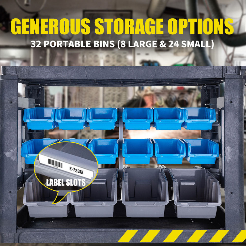 A black Tradie's Mate Baumr-AG Parts Bin Trolley Service Utility Cart Storage Mobile Tool Workshop with a flat top and large wheels is equipped with plastic hooks on the side and multiple blue and brown utility storage bins. The design suggests it’s used for organizing and transporting tools or hardware in a workshop or industrial setting.