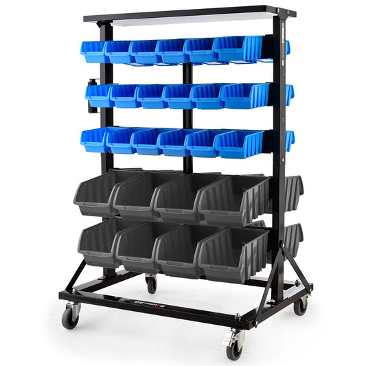 A black metal BAUMR-AG 52 Parts Bin Rack Storage System Mobile Double-Sided - Blue on wheels holds several blue and gray plastic bins. This efficient storage system features four rows of blue bins on the upper half and two rows of larger gray bins on the lower half, making it ideal for organizing tools and small parts in a garage or workshop.