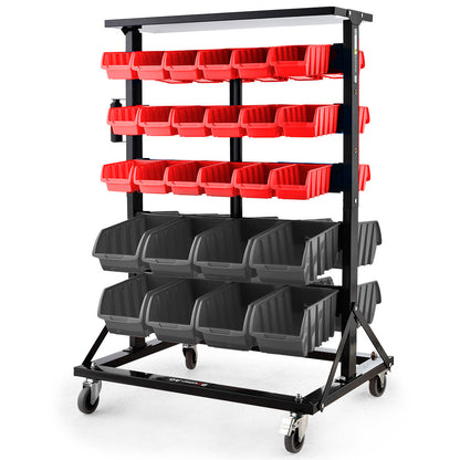 The BAUMR-AG 52 Parts Bin Rack Storage System Mobile Double-Sided - Red is a black metal storage system on wheels, featuring three rows of red bins and two rows of black bins. The open bins are ideal for organizing small parts or tools. Supported by a sturdy frame with four caster wheels, it ensures easy mobility and efficient organization.