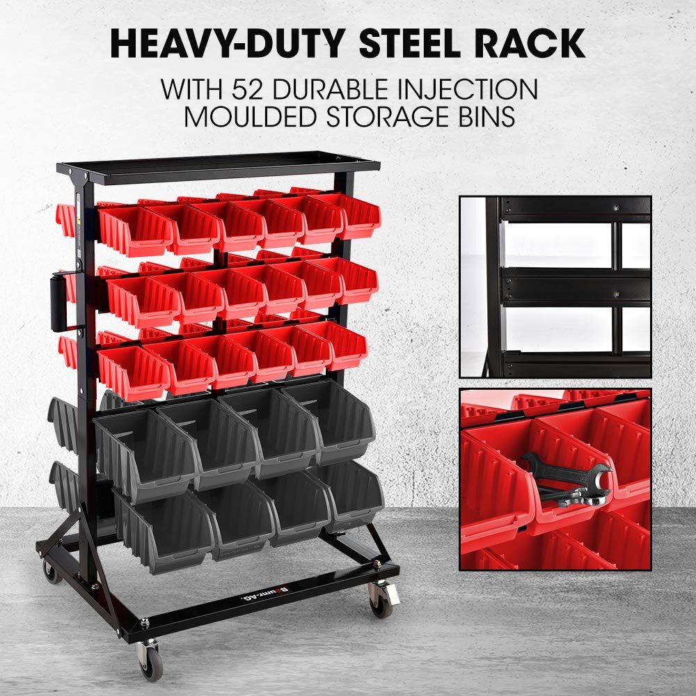 The BAUMR-AG 52 Parts Bin Rack Storage System Mobile Double-Sided - Red is a black metal storage system on wheels, featuring three rows of red bins and two rows of black bins. The open bins are ideal for organizing small parts or tools. Supported by a sturdy frame with four caster wheels, it ensures easy mobility and efficient organization.