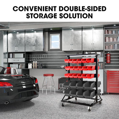 The BAUMR-AG 52 Parts Bin Rack Storage System Mobile Double-Sided - Red is a black metal storage system on wheels, featuring three rows of red bins and two rows of black bins. The open bins are ideal for organizing small parts or tools. Supported by a sturdy frame with four caster wheels, it ensures easy mobility and efficient organization.