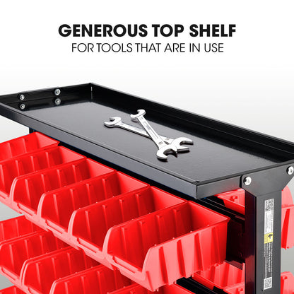 The BAUMR-AG 52 Parts Bin Rack Storage System Mobile Double-Sided - Red is a black metal storage system on wheels, featuring three rows of red bins and two rows of black bins. The open bins are ideal for organizing small parts or tools. Supported by a sturdy frame with four caster wheels, it ensures easy mobility and efficient organization.