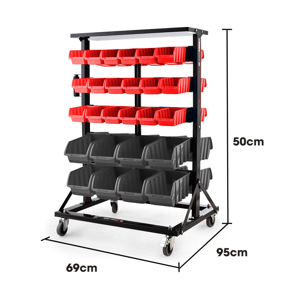 The BAUMR-AG 52 Parts Bin Rack Storage System Mobile Double-Sided - Red is a black metal storage system on wheels, featuring three rows of red bins and two rows of black bins. The open bins are ideal for organizing small parts or tools. Supported by a sturdy frame with four caster wheels, it ensures easy mobility and efficient organization.