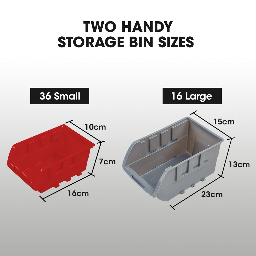 The BAUMR-AG 52 Parts Bin Rack Storage System Mobile Double-Sided - Red is a black metal storage system on wheels, featuring three rows of red bins and two rows of black bins. The open bins are ideal for organizing small parts or tools. Supported by a sturdy frame with four caster wheels, it ensures easy mobility and efficient organization.