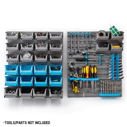 The Baumr-AG 44 Part Storage Bin Rack Wall Mounted Tool Organiser Box Shelving features a durable peg board and numerous small bins and racks for organizing tools and hardware parts. Items include screws, drill bits, wrenches, pliers, screwdrivers, and tape. Text at the bottom notes, "TOOLS/PARTS NOT INCLUDED.