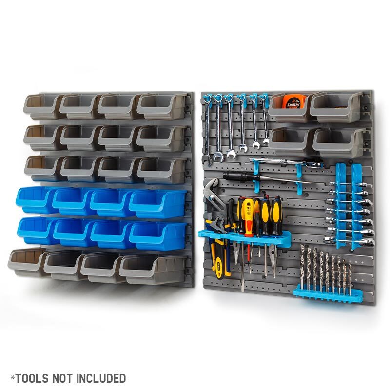 The Baumr-AG 44 Part Storage Bin Rack Wall Mounted Tool Organiser Box Shelving features a durable peg board and numerous small bins and racks for organizing tools and hardware parts. Items include screws, drill bits, wrenches, pliers, screwdrivers, and tape. Text at the bottom notes, "TOOLS/PARTS NOT INCLUDED.