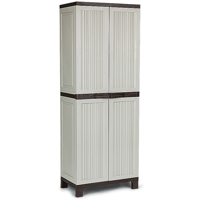 A tall, beige PLANTCRAFT Lockable Outdoor Storage Cabinet - Cupboard Garage Carport Shed with four vertical doors. The lockable outdoor storage cabinet has a minimalist design with grooved panel details on the doors and stands on short, dark brown legs. Additionally, it features adjustable shelves for customizable organization.