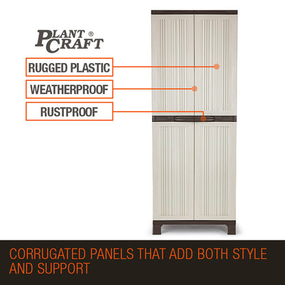 A tall, beige PLANTCRAFT Lockable Outdoor Storage Cabinet - Cupboard Garage Carport Shed with four vertical doors. The lockable outdoor storage cabinet has a minimalist design with grooved panel details on the doors and stands on short, dark brown legs. Additionally, it features adjustable shelves for customizable organization.