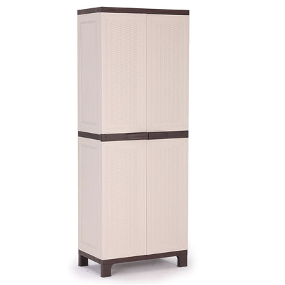 A tall, beige-colored PlantCraft Outdoor Storage Cabinet Cupboard Garage Tool Waterproof Backyard Shed with four doors. The upper and lower sections are segmented, with dark brown handles and borders. The lockable cupboard stands on four short legs and has a textured pattern on the front doors, making it a stylish weatherproof storage solution.