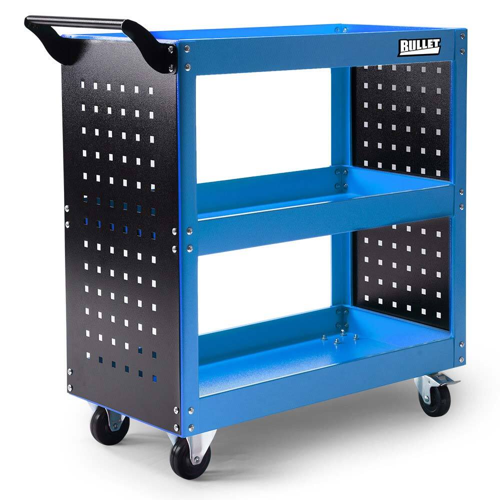 A BULLET Tool Trolley Cart Workshop Trolly Mobile Storage Portable Steel Mechanics with black perforated metal side panels and a handle, mounted on four caster wheels. The top, middle, and bottom shelves offer storage space, making it perfect for garage workshop storage. The portable tool cart displays the brand name "BULLET" on the upper right side.