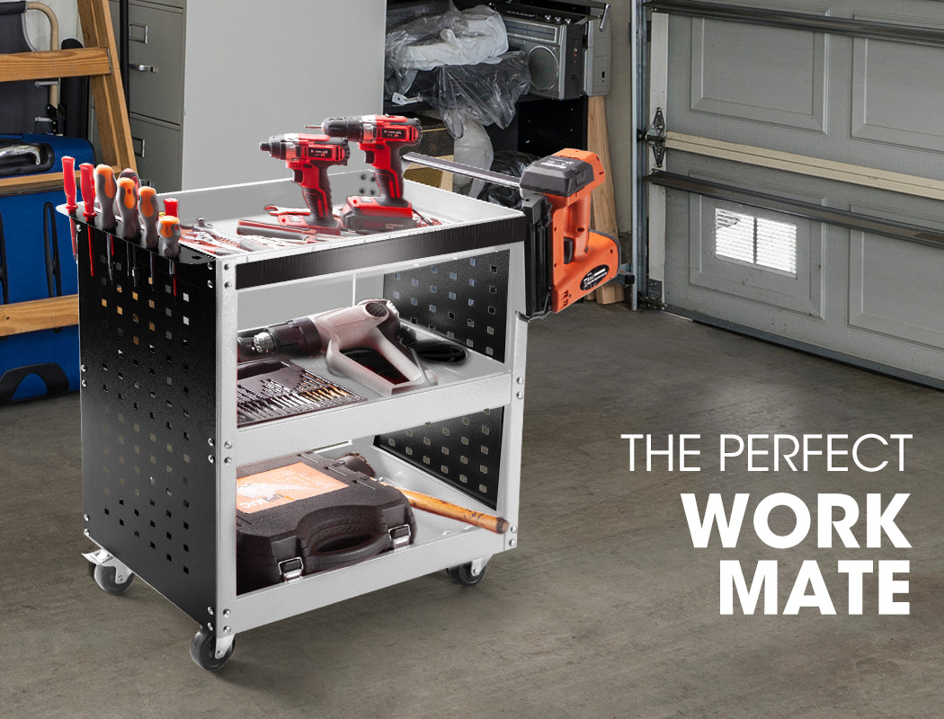 The BULLET Tool Trolley Cart Workshop Trolly Mobile Storage Steel Portable Mechanics is a must-have for any garage workshop tool storage needs. This portable tool cart on wheels features perforated side panels and offers ample space: the top shelf holds a red-and-black power drill and various hand tools, the middle shelf has a power saw and other small tools, while the bottom shelf holds a black carrying case.