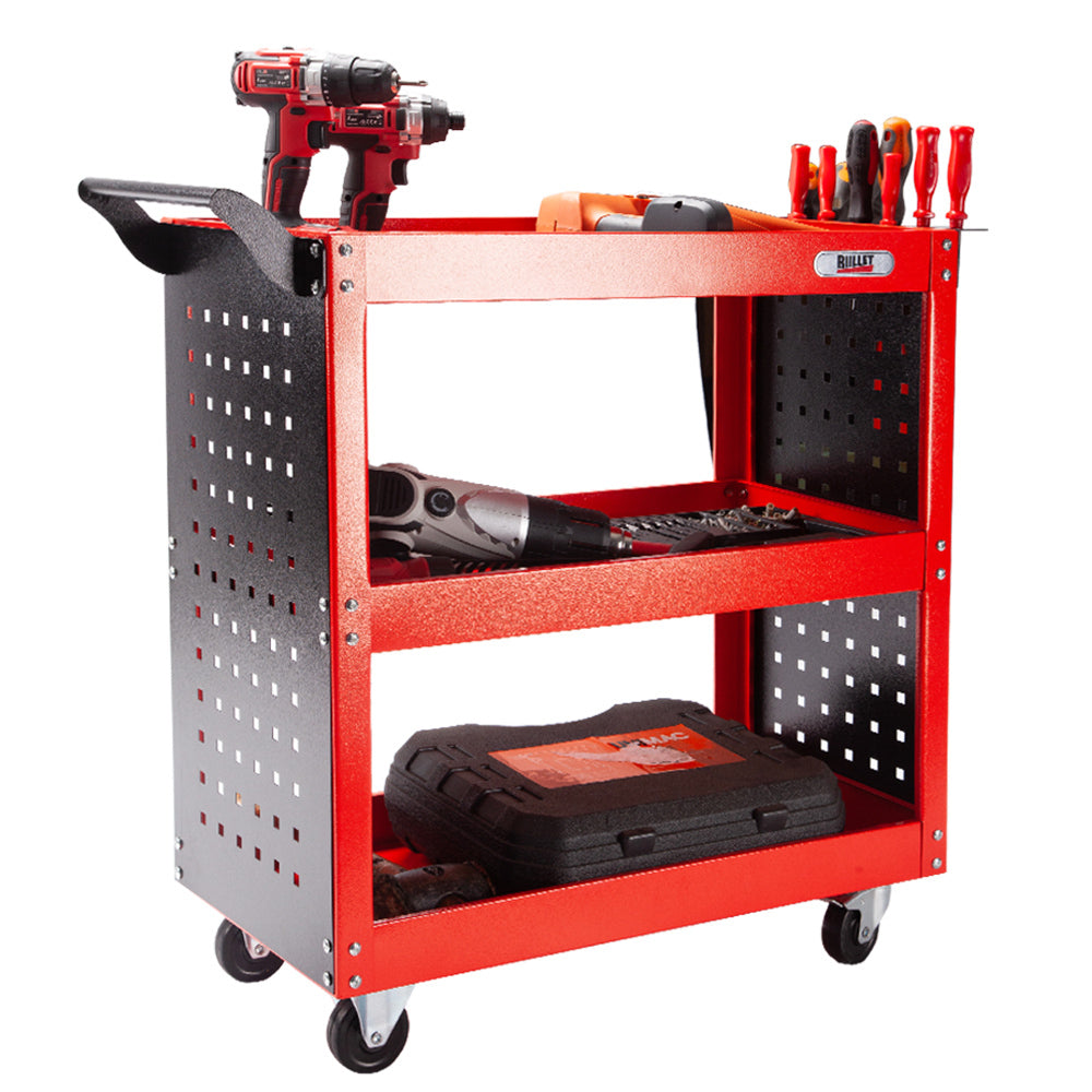 A robust red and black BULLET Tool Trolley Cart Storage 3-Tier Metal Rolling Steel Mechanic Utility with perforated sides holds various tools, including a drill, wrenches, screwdrivers, and tool cases. This 3-tier steel cart organizes items efficiently on its three shelves: the top shelf displays power tools, the middle shelf has smaller tools, and a tool case on the bottom.