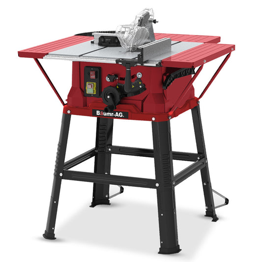 A red and black Baumr-AG Table Saw with Stand, Electric Corded Bench Saws 2000W 254mm, Laser Guide on a stand with a 254mm steel carbide blade partially covered by a transparent guard. The saw has adjustment knobs, a power switch, and branding that reads "Blum-AG" on the front. The stand has four legs with cross supports for stability.