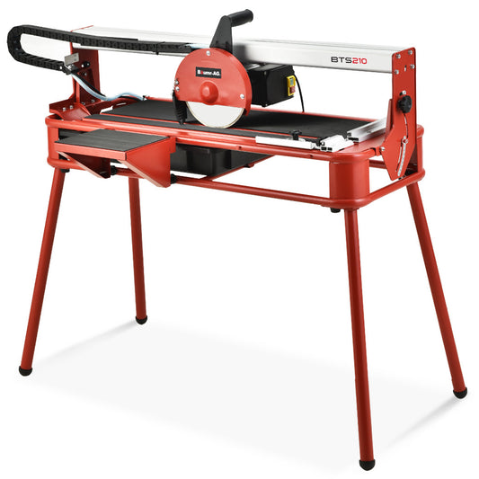 A BAUMR-AG 800W Electric Tile Saw Cutter with 200mm (8") Blade, 720mm Cutting Length, Side Extension Table, mounted on a sturdy red stand with four legs. The electric tile cutter features a sliding table for precise cutting and a water reservoir below the blade to cool it during operation. The model number BTS210 is visible on the right side.