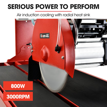 A BAUMR-AG 800W Electric Tile Saw Cutter with 200mm (8") Blade, 720mm Cutting Length, Side Extension Table, mounted on a sturdy red stand with four legs. The electric tile cutter features a sliding table for precise cutting and a water reservoir below the blade to cool it during operation. The model number BTS210 is visible on the right side.