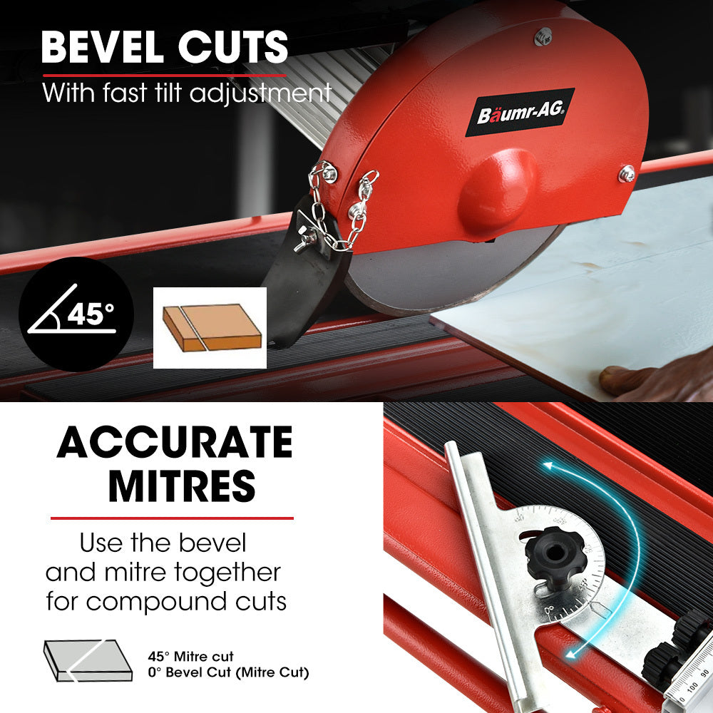 A BAUMR-AG 800W Electric Tile Saw Cutter with 200mm (8") Blade, 720mm Cutting Length, Side Extension Table, mounted on a sturdy red stand with four legs. The electric tile cutter features a sliding table for precise cutting and a water reservoir below the blade to cool it during operation. The model number BTS210 is visible on the right side.