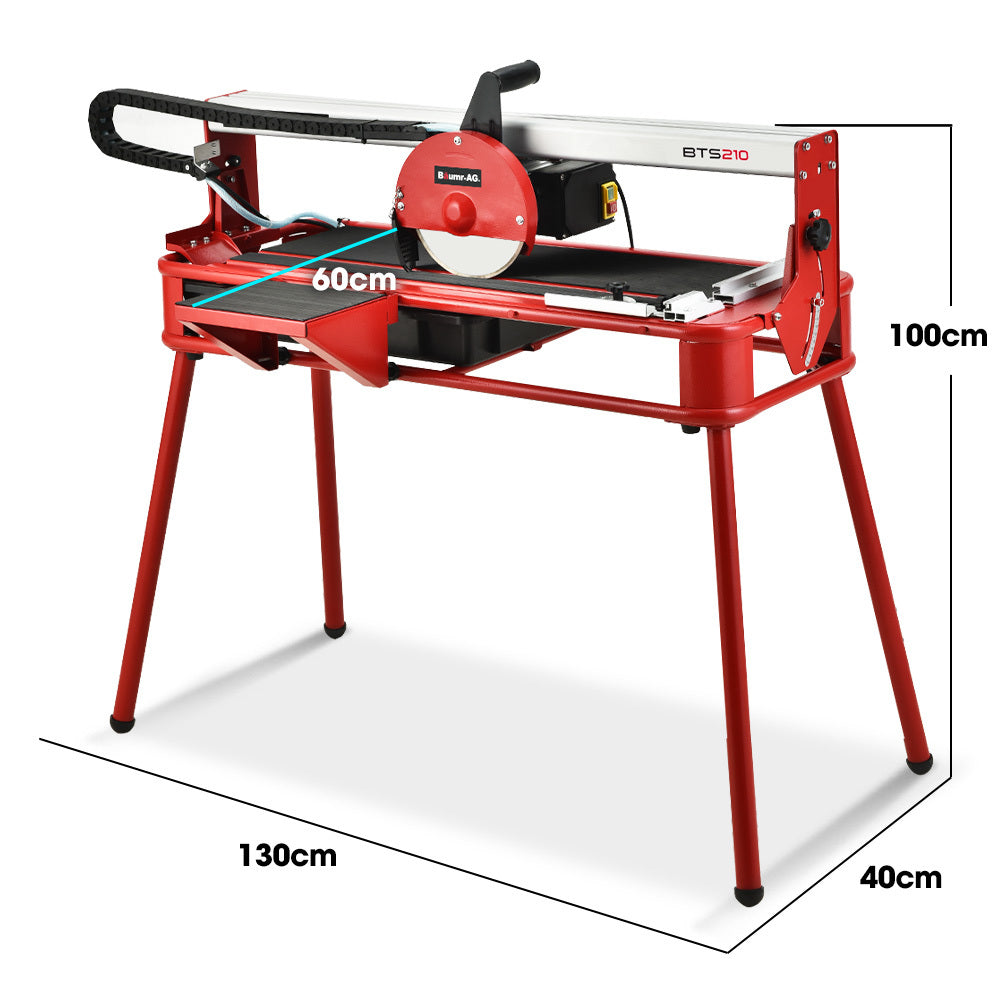 A BAUMR-AG 800W Electric Tile Saw Cutter with 200mm (8") Blade, 720mm Cutting Length, Side Extension Table, mounted on a sturdy red stand with four legs. The electric tile cutter features a sliding table for precise cutting and a water reservoir below the blade to cool it during operation. The model number BTS210 is visible on the right side.