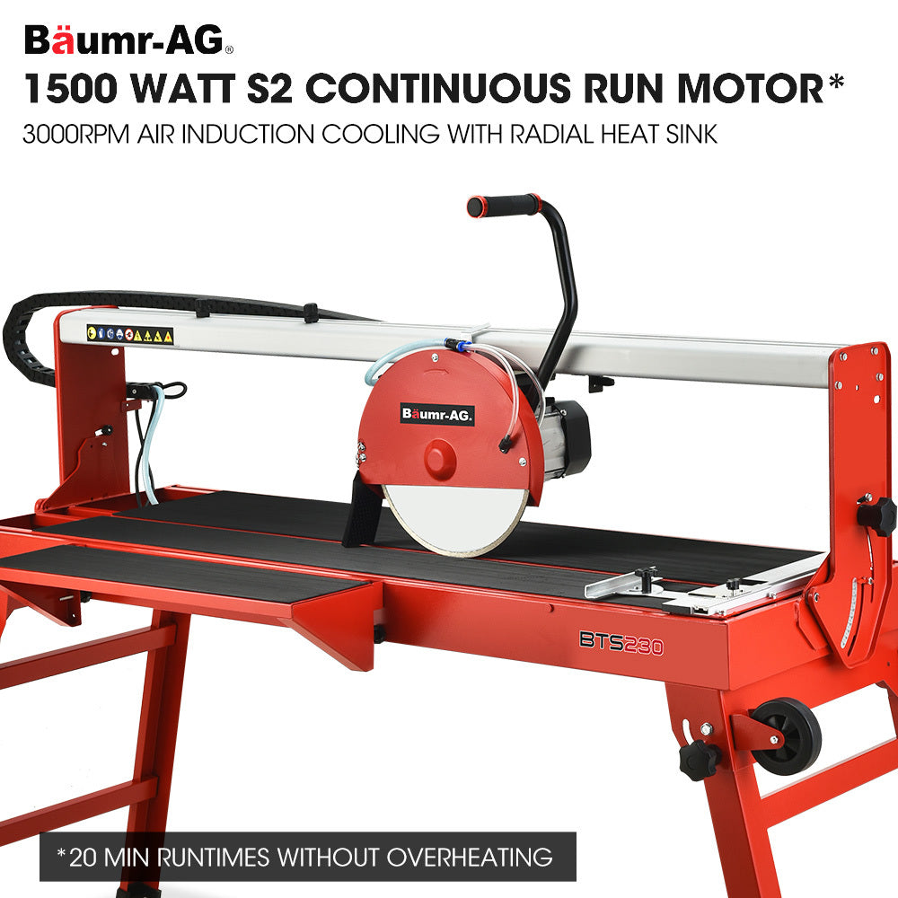 The image shows a BAUMR-AG 1500W Electric Tile Saw Cutter with a 300mm (12") Blade, 920mm Cutting Length, and Side Extension Table with a circular blade mounted on a metal stand. The stand has foldable legs and a water reservoir below the cutting surface. The saw includes a guiding rail and a handle for precision cutting, making it ideal for large format tiles.