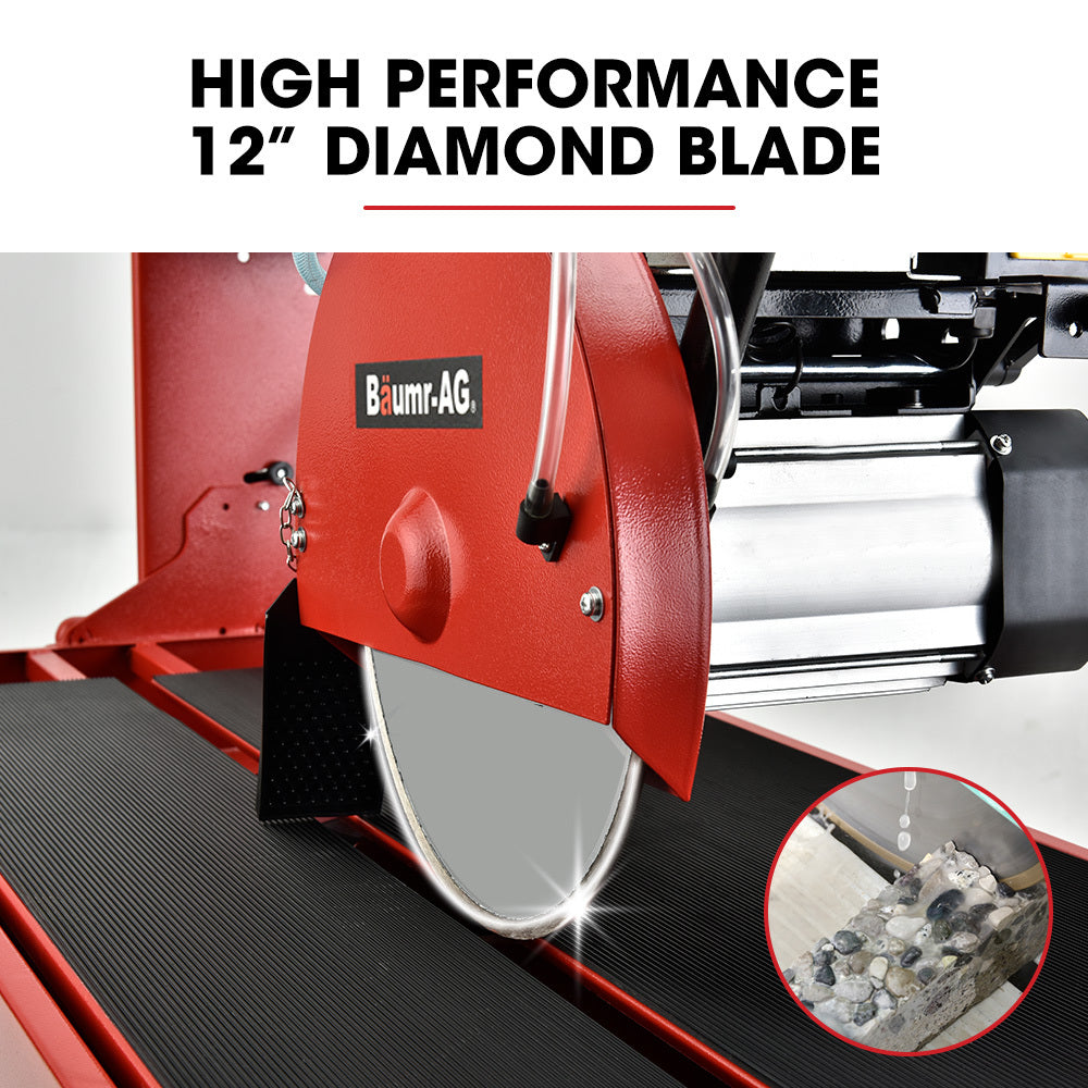 The image shows a BAUMR-AG 1500W Electric Tile Saw Cutter with a 300mm (12") Blade, 920mm Cutting Length, and Side Extension Table with a circular blade mounted on a metal stand. The stand has foldable legs and a water reservoir below the cutting surface. The saw includes a guiding rail and a handle for precision cutting, making it ideal for large format tiles.