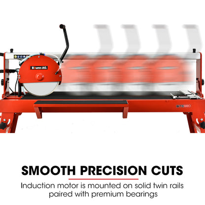 The image shows a BAUMR-AG 1500W Electric Tile Saw Cutter with a 300mm (12") Blade, 920mm Cutting Length, and Side Extension Table with a circular blade mounted on a metal stand. The stand has foldable legs and a water reservoir below the cutting surface. The saw includes a guiding rail and a handle for precision cutting, making it ideal for large format tiles.