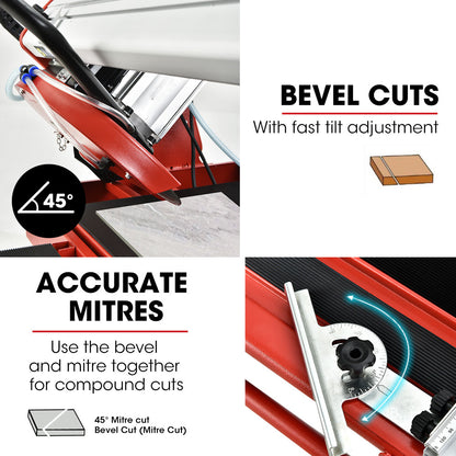 The image shows a BAUMR-AG 1500W Electric Tile Saw Cutter with a 300mm (12") Blade, 920mm Cutting Length, and Side Extension Table with a circular blade mounted on a metal stand. The stand has foldable legs and a water reservoir below the cutting surface. The saw includes a guiding rail and a handle for precision cutting, making it ideal for large format tiles.