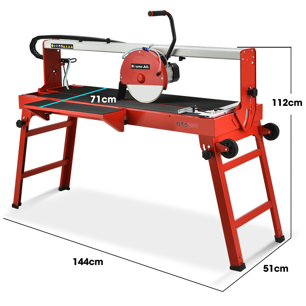 The image shows a BAUMR-AG 1500W Electric Tile Saw Cutter with a 300mm (12") Blade, 920mm Cutting Length, and Side Extension Table with a circular blade mounted on a metal stand. The stand has foldable legs and a water reservoir below the cutting surface. The saw includes a guiding rail and a handle for precision cutting, making it ideal for large format tiles.