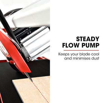 The image shows a BAUMR-AG 1500W Electric Tile Saw Cutter with a 300mm (12") Blade, 920mm Cutting Length, and Side Extension Table with a circular blade mounted on a metal stand. The stand has foldable legs and a water reservoir below the cutting surface. The saw includes a guiding rail and a handle for precision cutting, making it ideal for large format tiles.