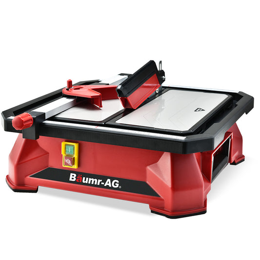 A red and black BAUMR-AG 650W Electric Tile Saw Cutter with 180mm (7") Blade is shown. This compact table top tile saw features a tiltable workbench, a wet cutting system with a water reservoir, and an adjustable cutting guide. It boasts a powerful copper motor, designed for precise and efficient tile cutting.