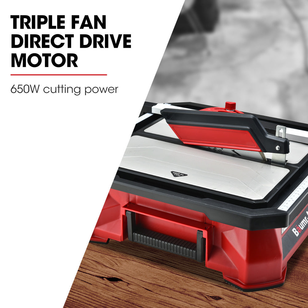 A red and black BAUMR-AG 650W Electric Tile Saw Cutter with 180mm (7") Blade is shown. This compact table top tile saw features a tiltable workbench, a wet cutting system with a water reservoir, and an adjustable cutting guide. It boasts a powerful copper motor, designed for precise and efficient tile cutting.