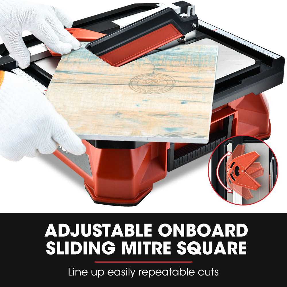 A red and black BAUMR-AG 650W Electric Tile Saw Cutter with 180mm (7") Blade is shown. This compact table top tile saw features a tiltable workbench, a wet cutting system with a water reservoir, and an adjustable cutting guide. It boasts a powerful copper motor, designed for precise and efficient tile cutting.