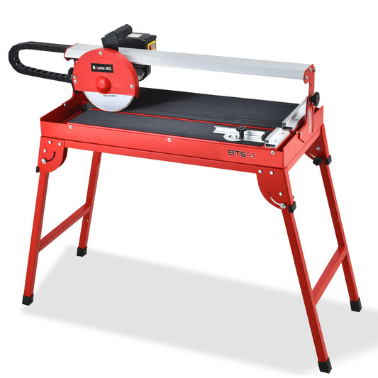 The BAUMR-AG 800W Electric Tile Saw Cutter with 200mm (8") Blade, 620mm Cutting Length is a red electric tile cutter with a table-like structure and foldable legs. It features a diamond blade encased in a protective cover and a water cooling system visible on the side. The black surface boasts the model number "BTS-950" prominently on the front.