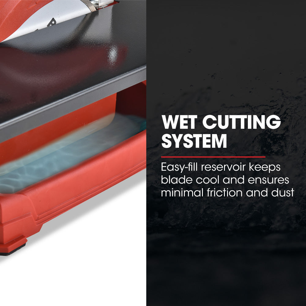 A red and black BAUMR-AG 600W Electric Tile Saw Cutter with 180mm (7") Blade features a wet-cutting system with a powerful 600W motor. The circular blade is partially covered by a protective guard, and the machine sports the "Baumr-AG" logo on the front. It also includes a measurement guide on the top surface for precise cutting.