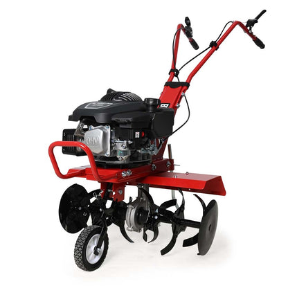 The Baumr-AG 150CC Garden Tiller Cultivator Petrol Rototiller 4-Stroke Soil Power Rotary Hoe is a red 4-Stroke Tiller with a black engine, featuring handles and multiple black tines for soil cultivation. This efficient cultivator and tiller also comes equipped with small front wheels and controls mounted on the handles, ensuring ease of use.