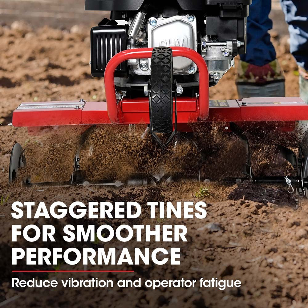 The Baumr-AG 150CC Garden Tiller Cultivator Petrol Rototiller 4-Stroke Soil Power Rotary Hoe is a red 4-Stroke Tiller with a black engine, featuring handles and multiple black tines for soil cultivation. This efficient cultivator and tiller also comes equipped with small front wheels and controls mounted on the handles, ensuring ease of use.