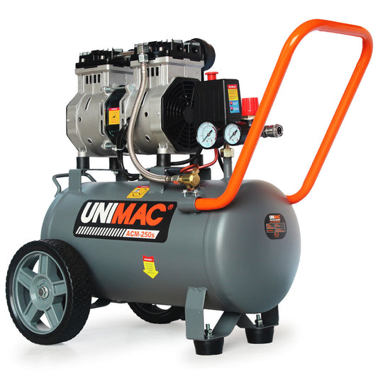 A UNIMAC 25L 1.5HP Silent Oil-Free Electric Air Compressor, Portable with a cylindrical gray tank, two black wheels, and an orange handle. This ultra-quiet, twin-cylinder compressor features two pressure gauges and connection points on the front, and has a robust structure for mobility and ease of use.