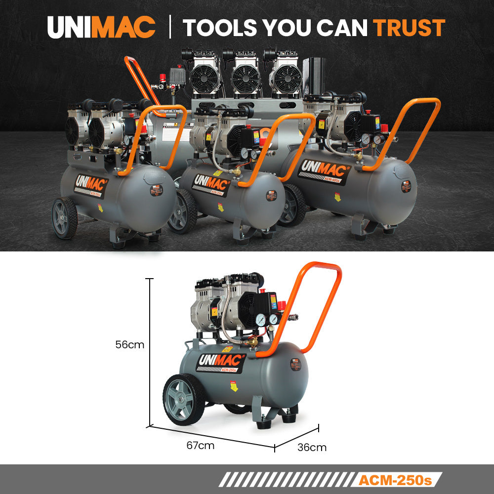 A UNIMAC 25L 1.5HP Silent Oil-Free Electric Air Compressor, Portable with a cylindrical gray tank, two black wheels, and an orange handle. This ultra-quiet, twin-cylinder compressor features two pressure gauges and connection points on the front, and has a robust structure for mobility and ease of use.