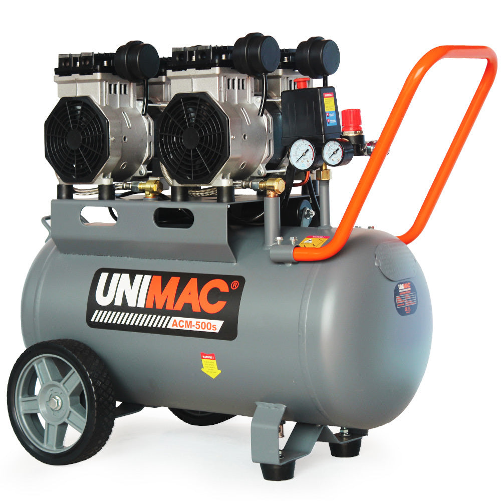 A gray UNIMAC 50L 3.0HP Silent Oil-Free Electric Air Compressor, Portable, Twin Nitto Outlets from the Quiet Air series with a large cylindrical tank, two black pump motors on top, pressure gauges, and various control knobs. The oil-free unit has two wheels for mobility and a bright orange handle.